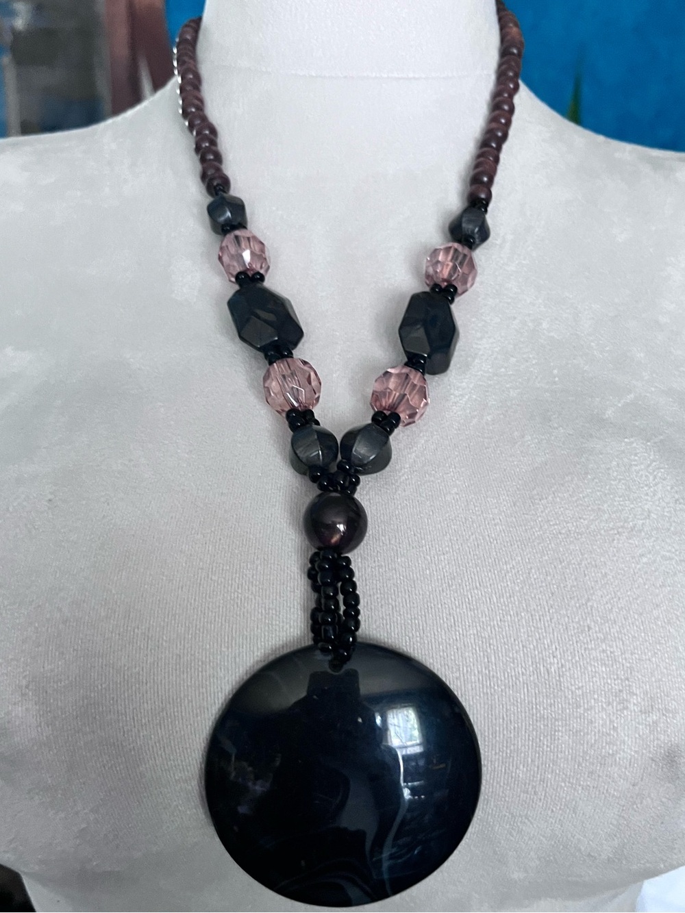 Boho Statement Necklace Black Round Pendant Wood & Faceted Bead Necklace